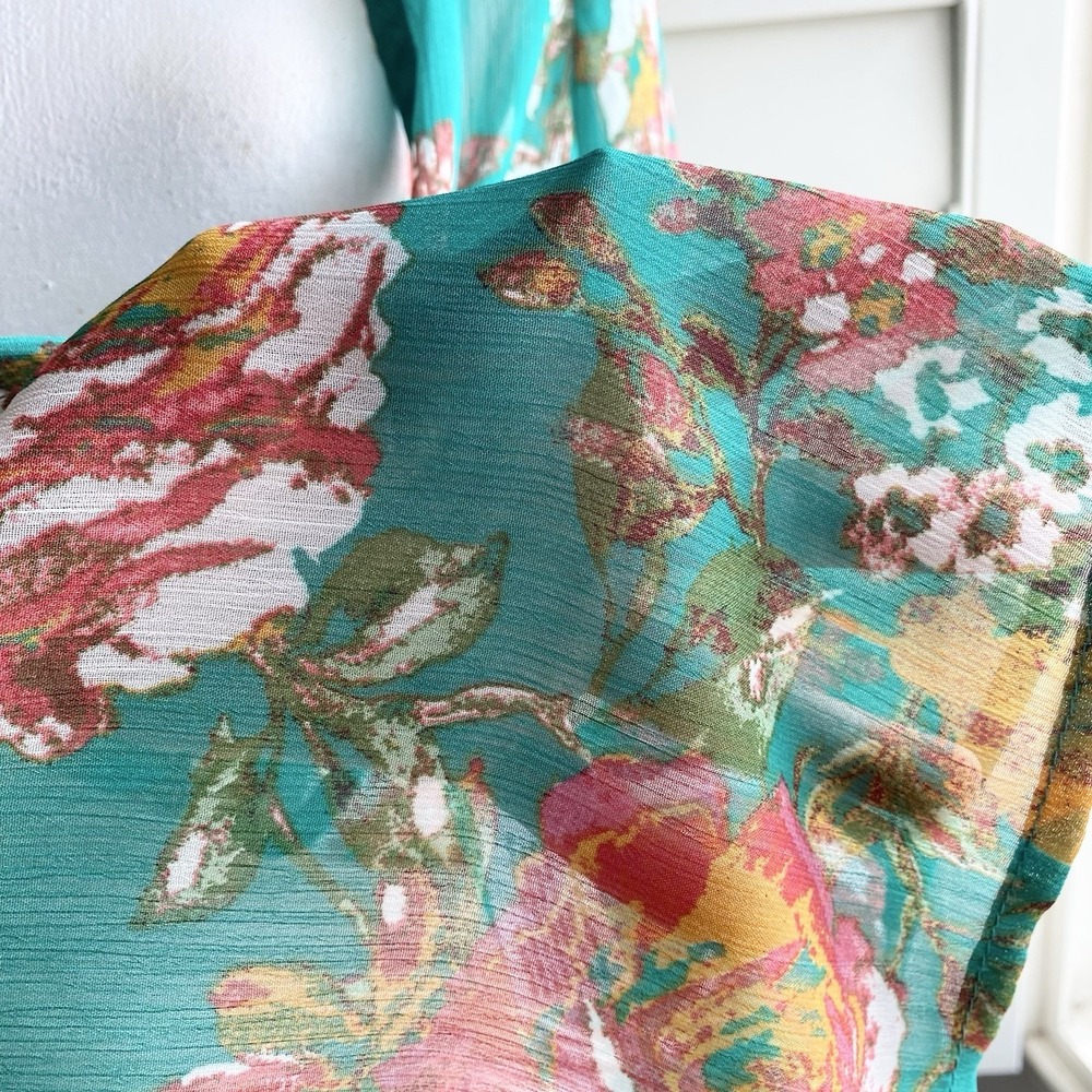 Boho Sheer Floral Kimono XS Tropical Green Open Front Beach Cover Up Lightweight - Picture 5 of 9